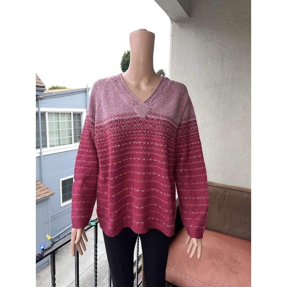 Sarah Bentley Women Sweater Pink Striped Long Sleeve V Neck XL